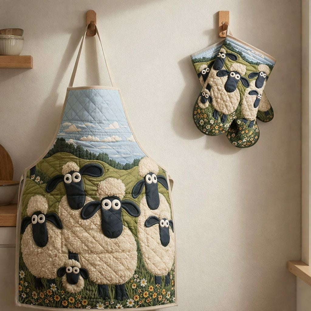 Nettie quilted apron and oven mitt set with a flock of woolly sheep grazing in a green meadow
