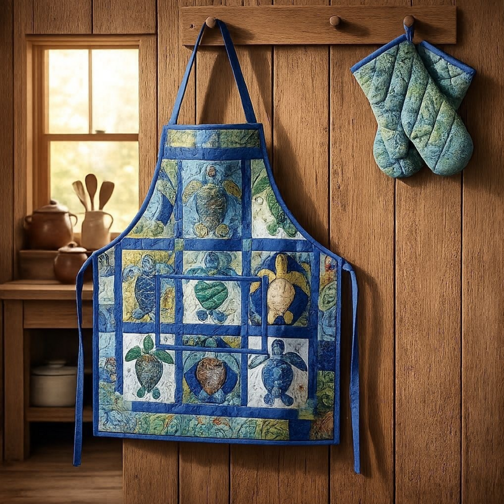 Briony quilted apron and oven mitt set with sea turtles swimming through a blue ocean patchwork