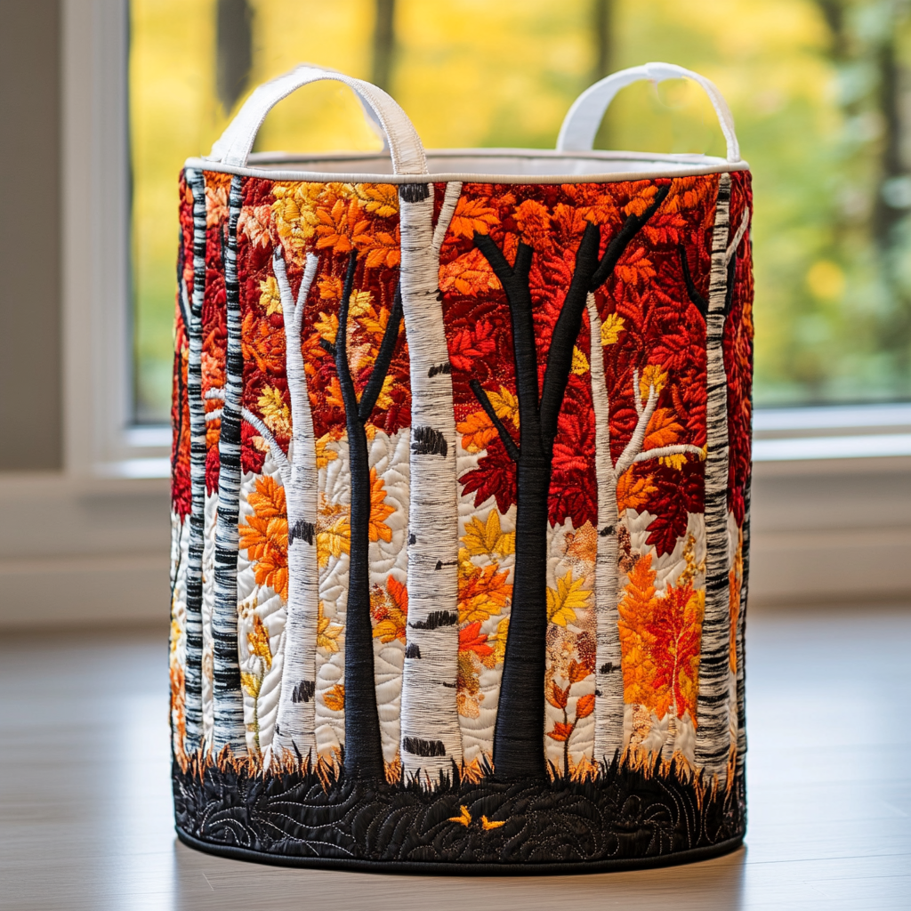 Elisa hand-quilted laundry basket with Autumn Grove design, red and orange birch grove, front view