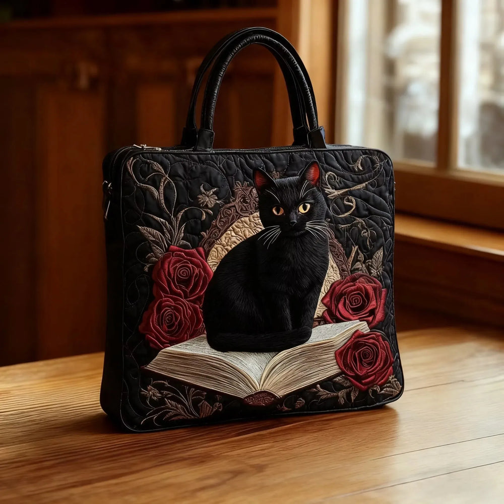 Handcrafted Quilted Bag | Black Cat on Books