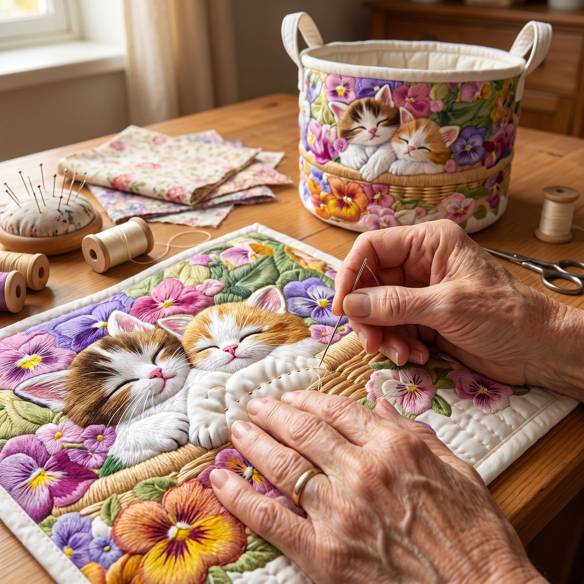Sara hand-quilted laundry basket with two sleeping kittens among pansies, being hand-quilted