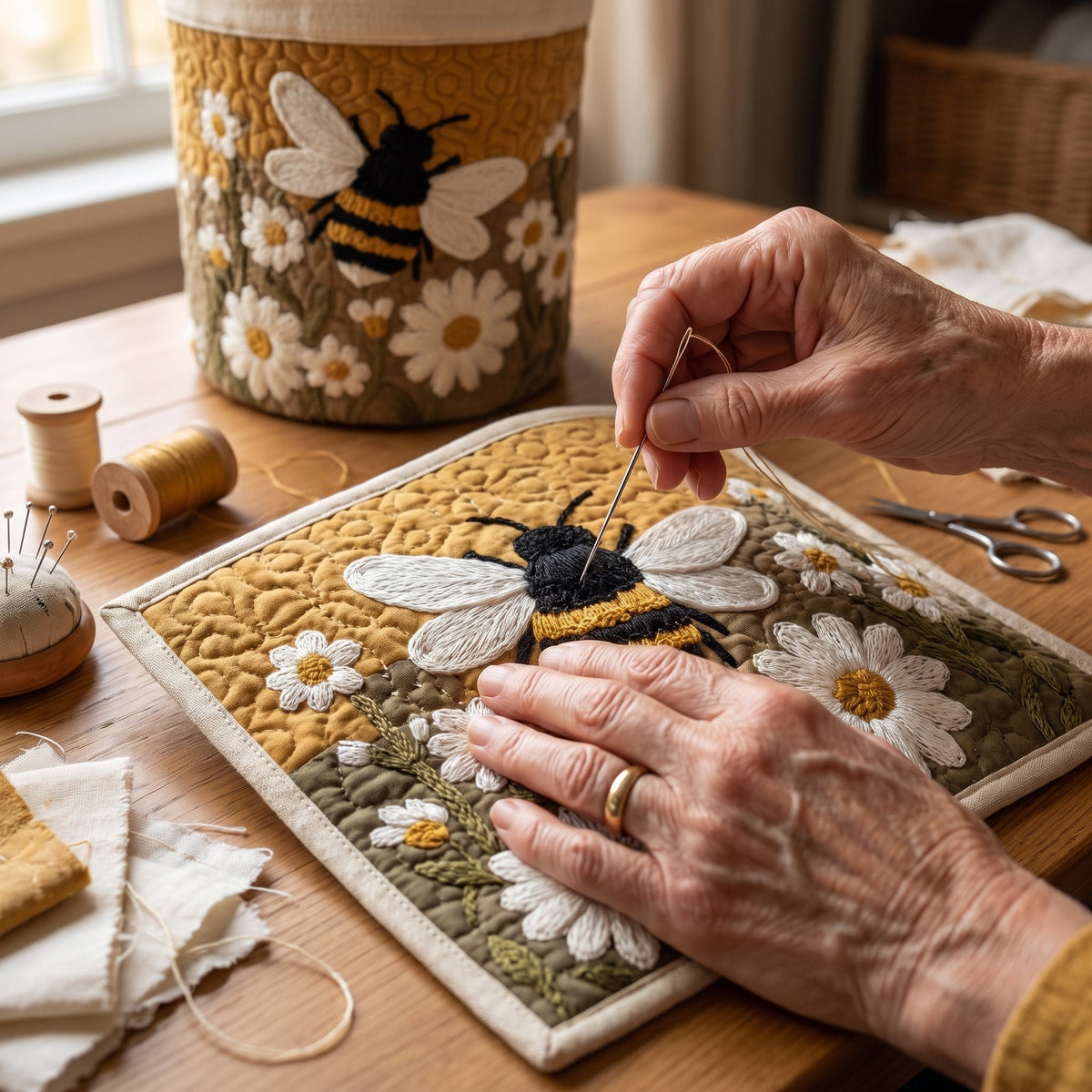 Luigia hand-quilted laundry basket with a bumblebee among white daisies, hand-sewing detail