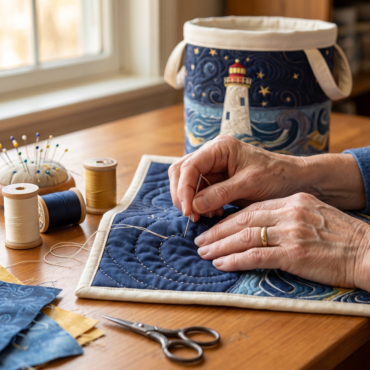 Marta hand-quilted laundry basket with a lighthouse on a swirling night sea, close-up of the hand quilting