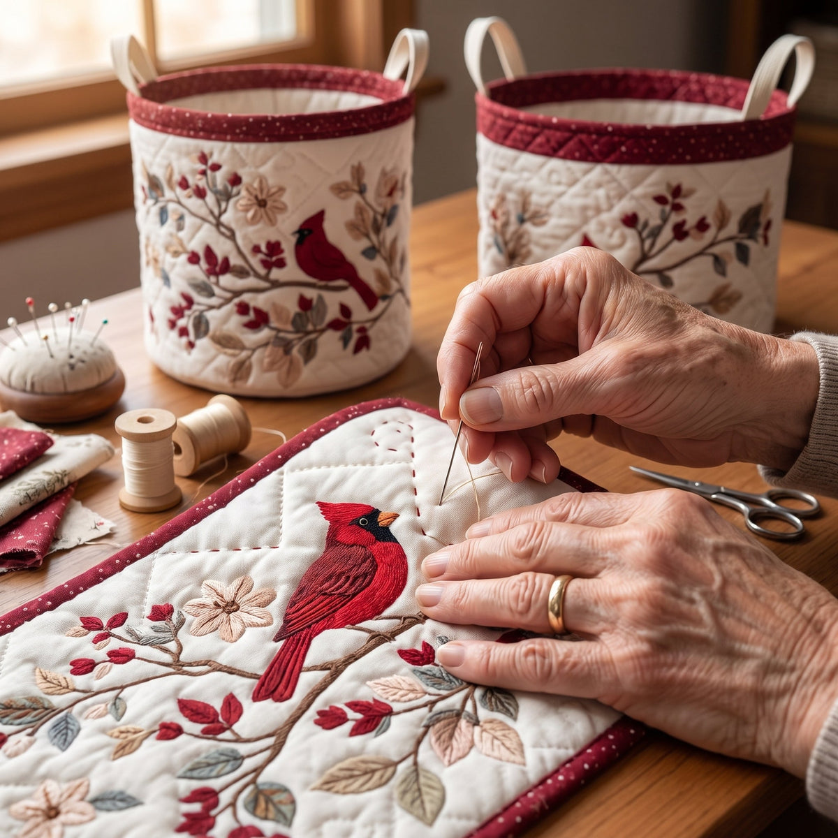 Lucia hand-quilted laundry basket with a red cardinal on a blossoming branch, hand-sewing detail