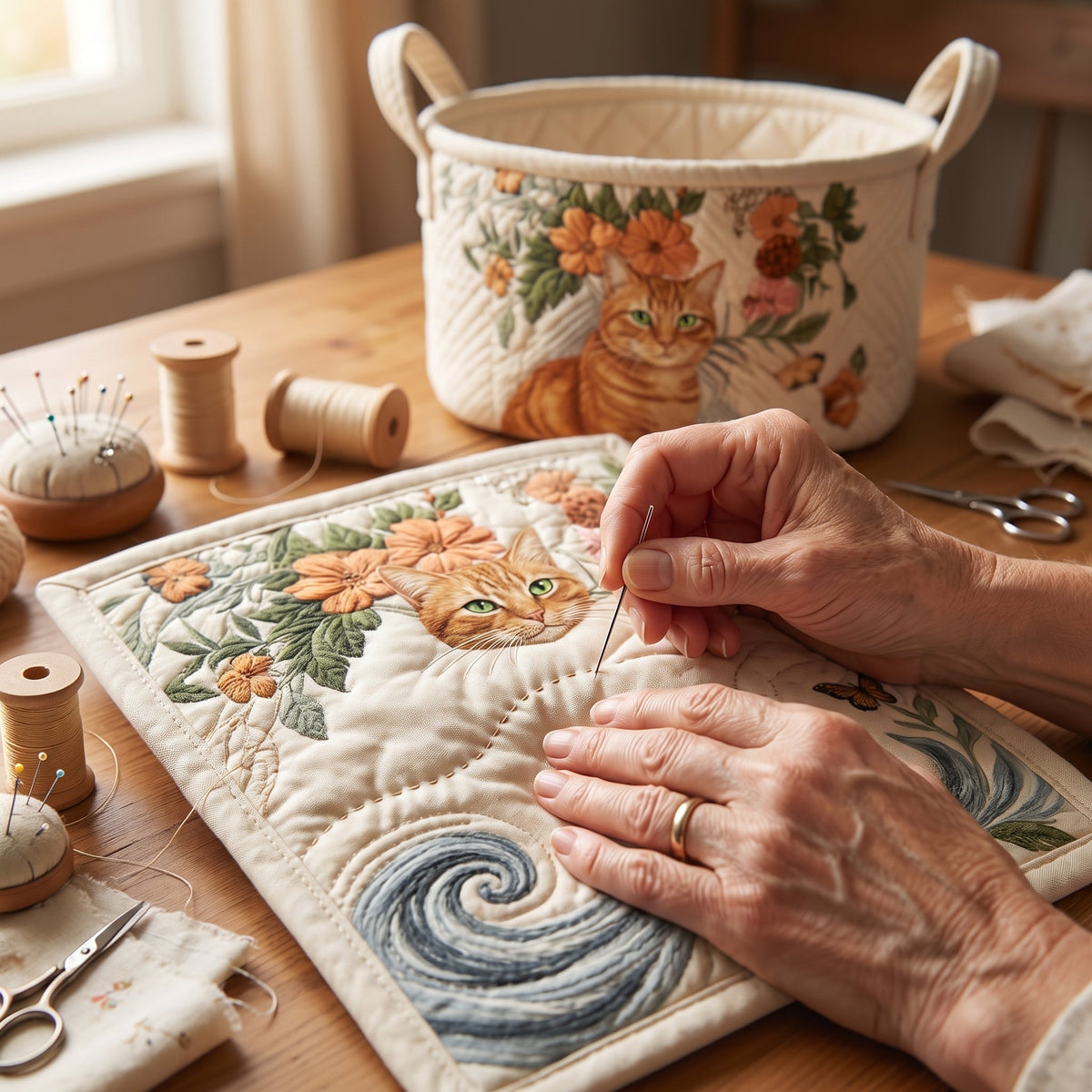 Matilda hand-quilted laundry basket with a ginger tabby cat and orange blossoms, close-up of the hand quilting