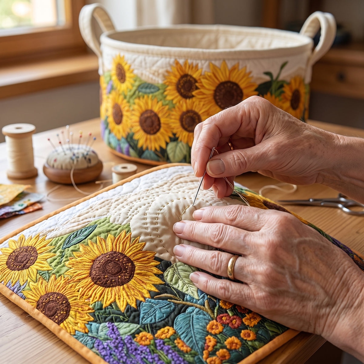 Marisa hand-quilted laundry basket with a field of sunflowers with lavender and marigolds, hand-sewing detail