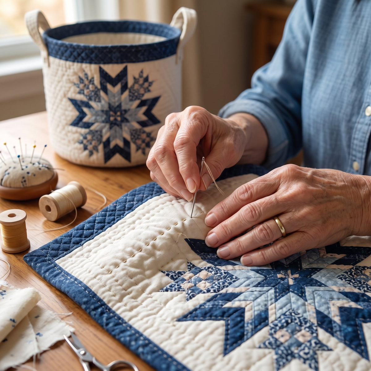 Lorena hand-quilted laundry basket with a navy quilt star snowflake medallion, hand-sewing detail