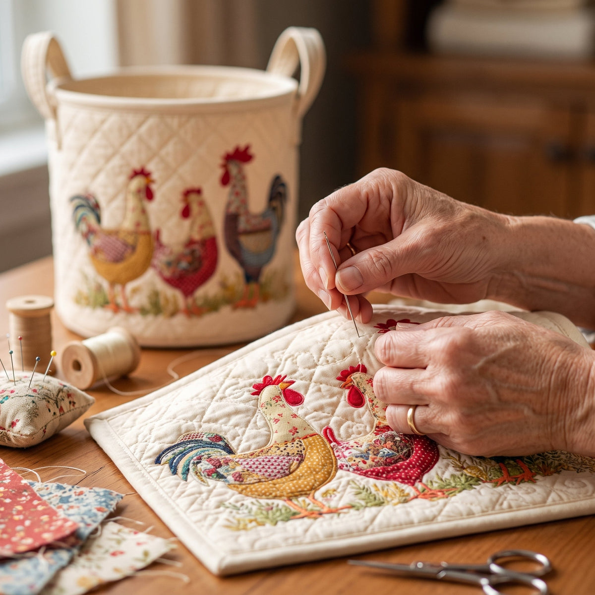 Manuela hand-quilted laundry basket with three patchwork hens, hand-sewing detail