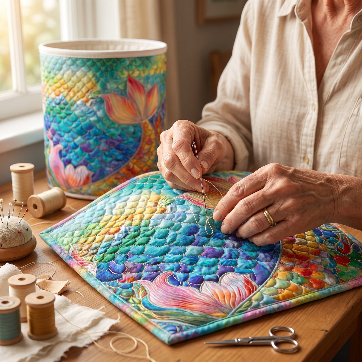 Mattea hand-quilted laundry basket with rainbow mermaid scales and a pink tail, close-up of the hand quilting