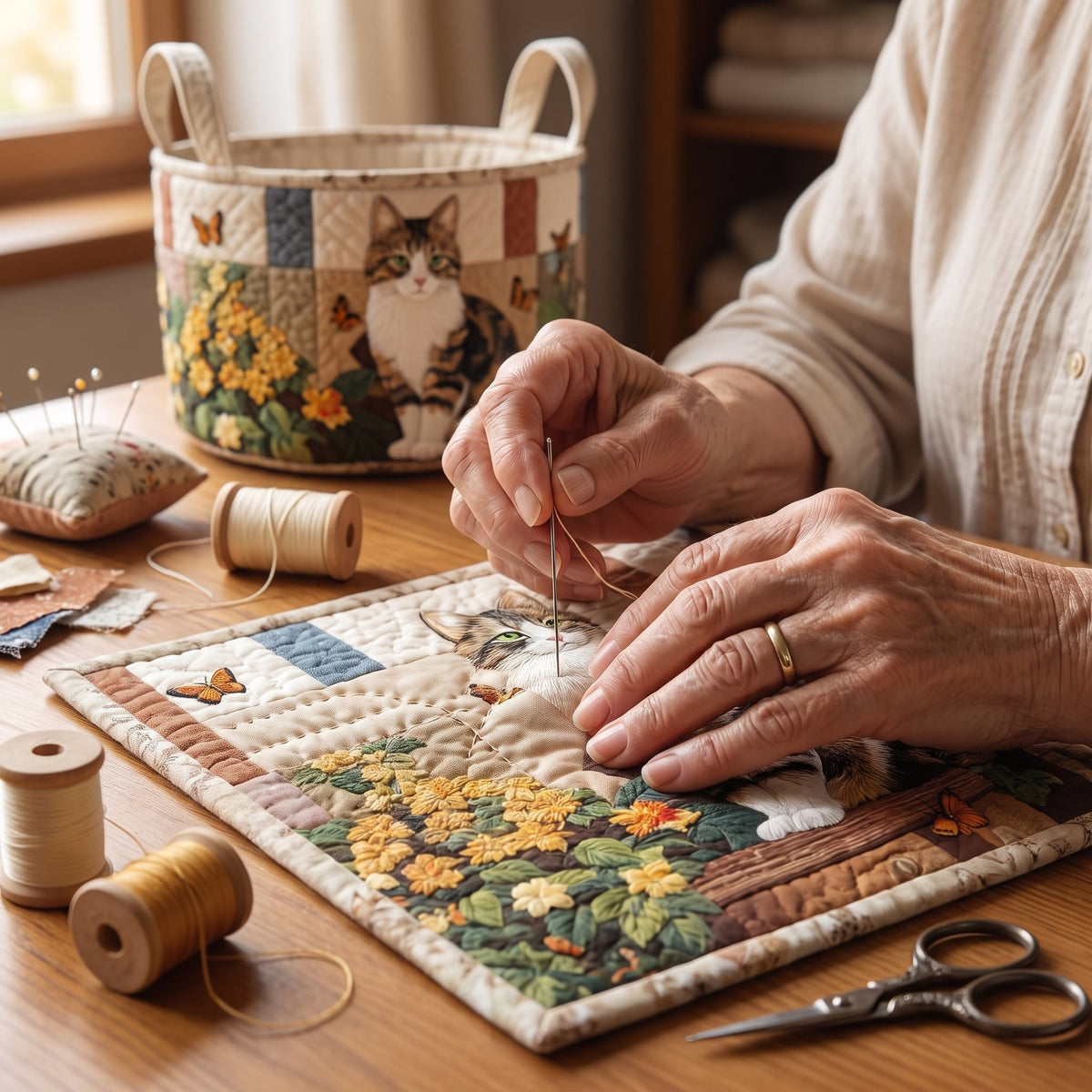 Melania hand-quilted laundry basket with a tabby cat among marigolds on patchwork, close-up of the hand quilting