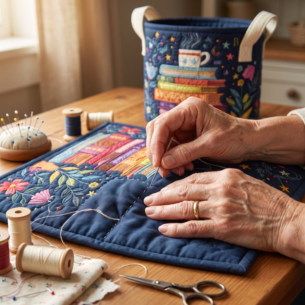Ludovica hand-quilted laundry basket with a colourful stack of books and a teacup, hand-sewing detail