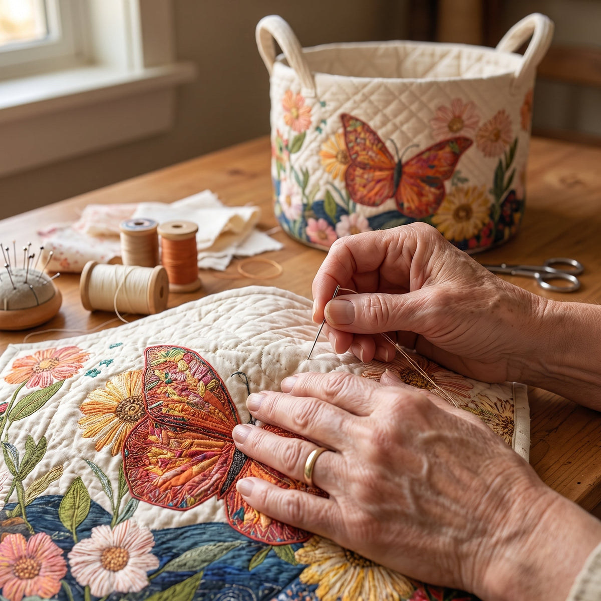 Linda hand-quilted laundry basket with an orange butterfly among colourful garden flowers, hand-sewing detail