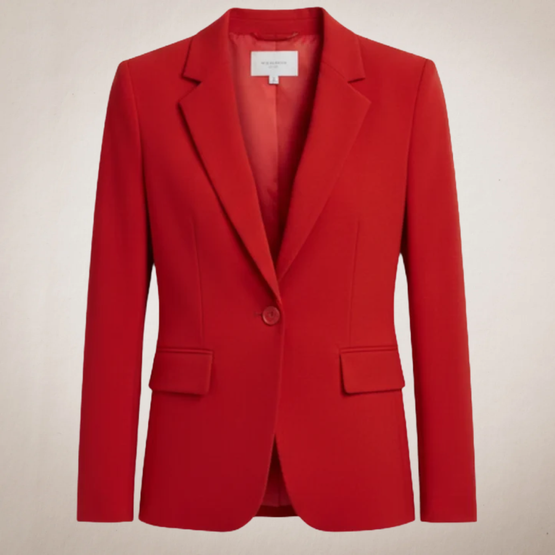Charlotte notched lapel blazer in red, front view on plain background