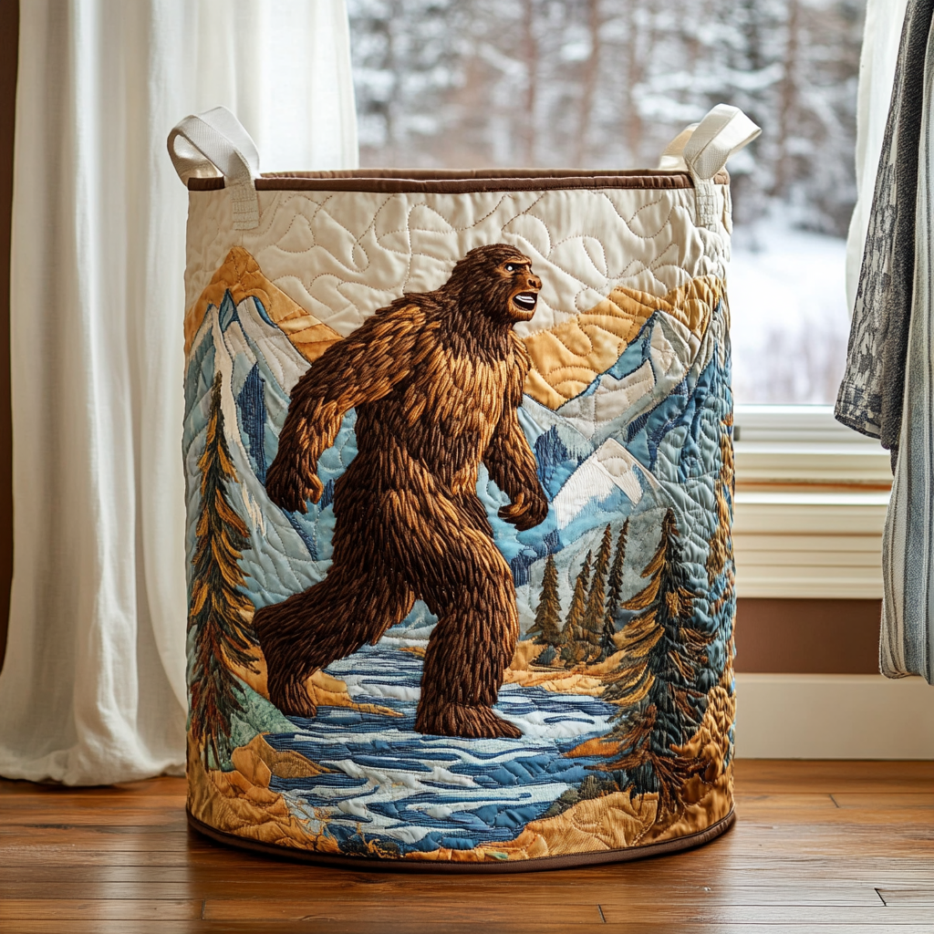 Elisa hand-quilted laundry basket with Bigfoot Valley design, Bigfoot by a mountain stream, front view
