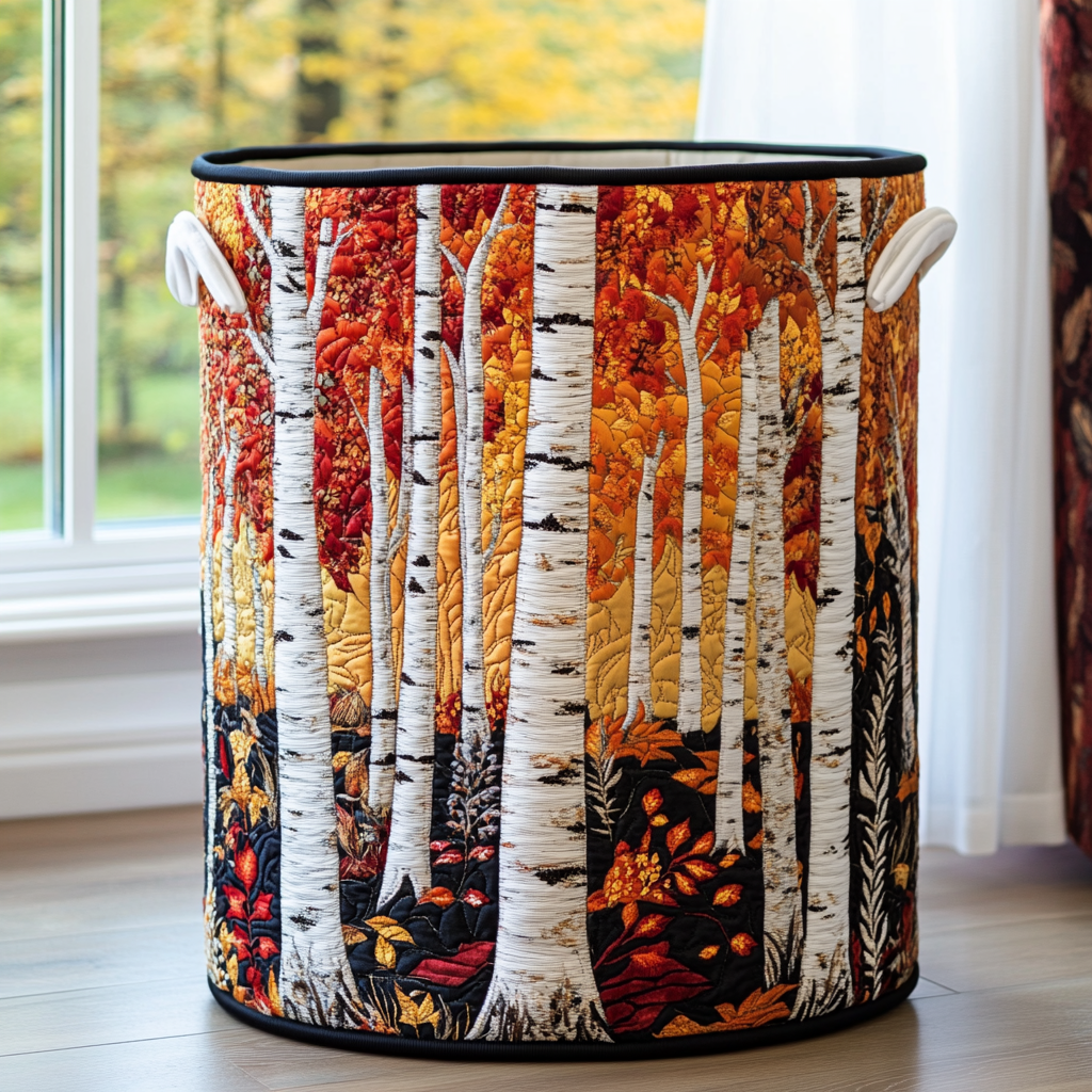Elisa hand-quilted laundry basket with Birch Leaves design, autumn birch trees, front view