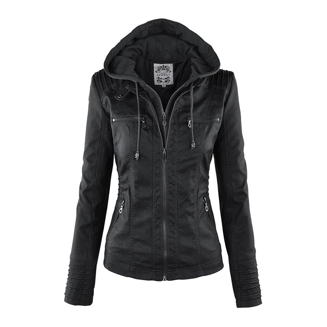 Cynthia hooded biker jacket in black, front view