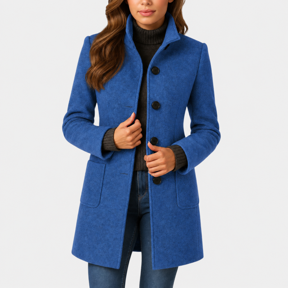 Annora stand-collar button coat in blue, front view