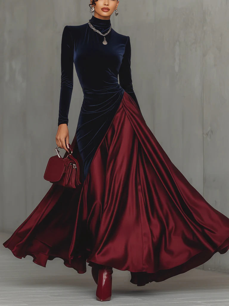 Wenna colour-block maxi dress in navy and burgundy, front view