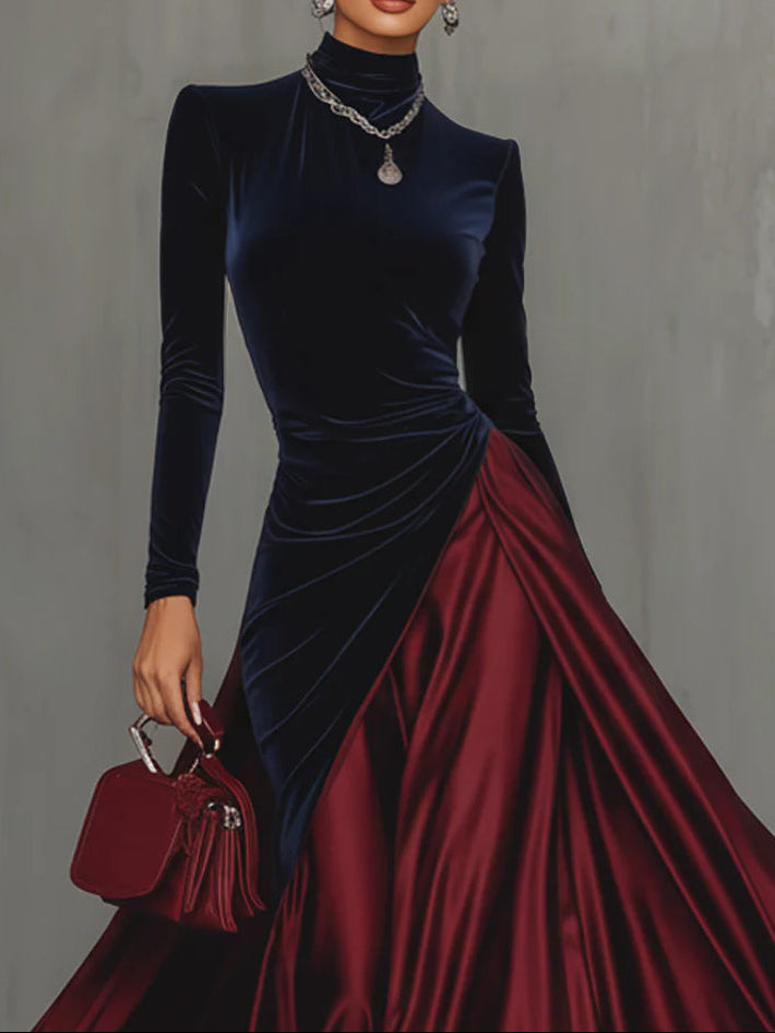 Wenna colour-block maxi dress in navy and burgundy, bodice close-up