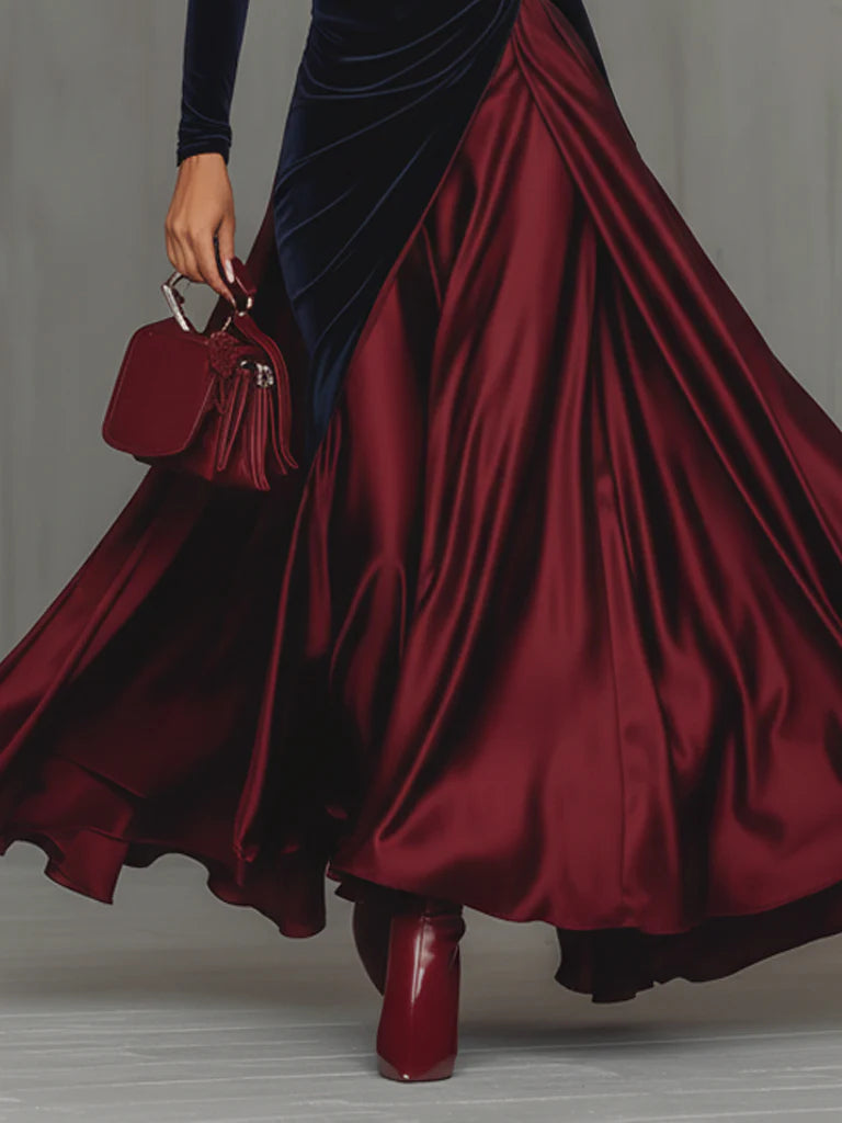Wenna colour-block maxi dress in navy and burgundy, skirt detail