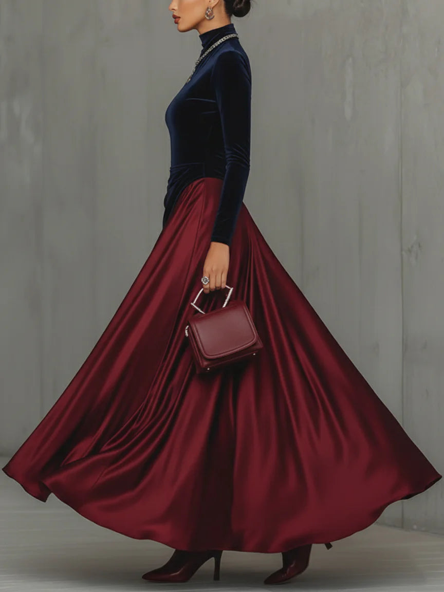 Wenna colour-block maxi dress in navy and burgundy, side view