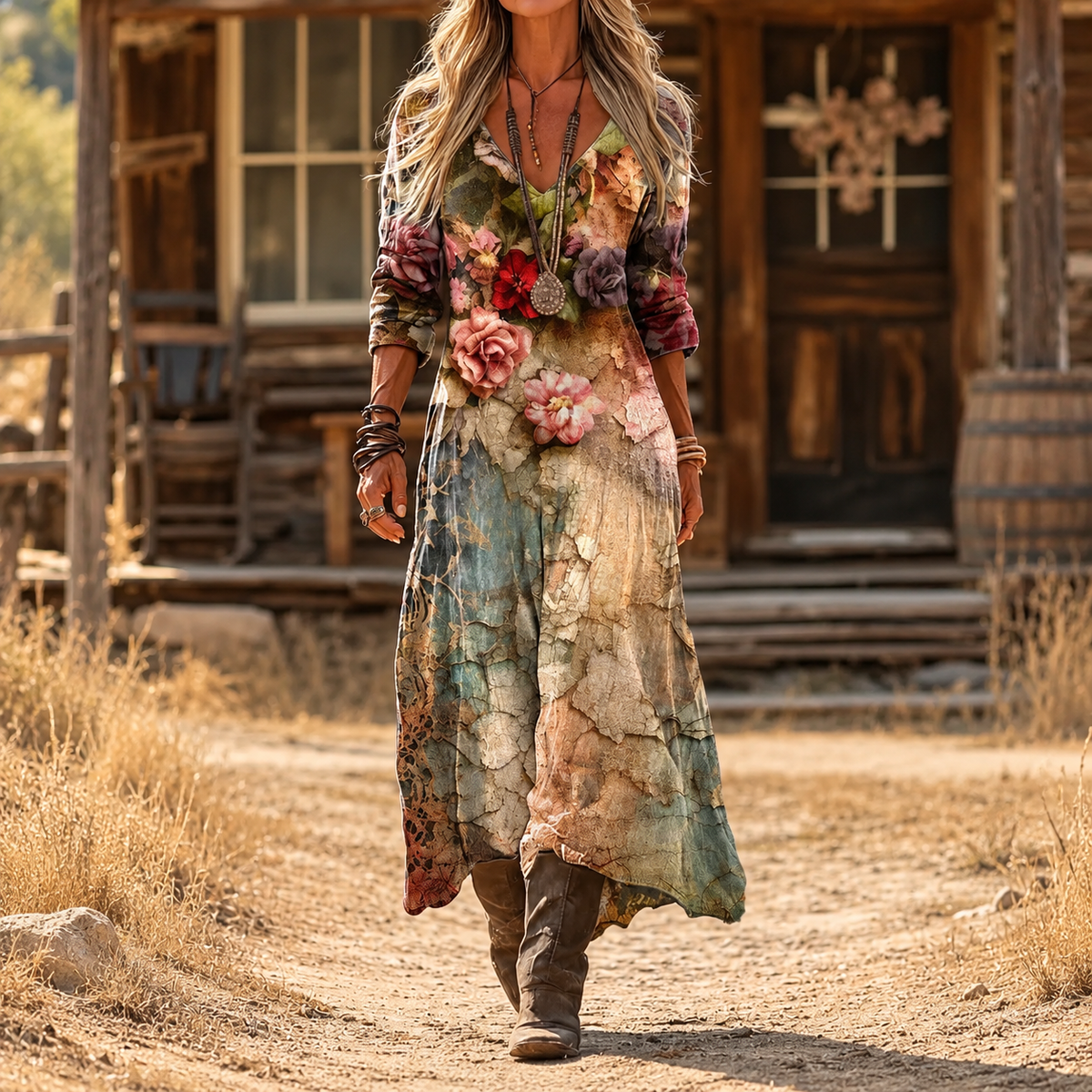 Silvie rose print maxi dress in multicolour, walking view