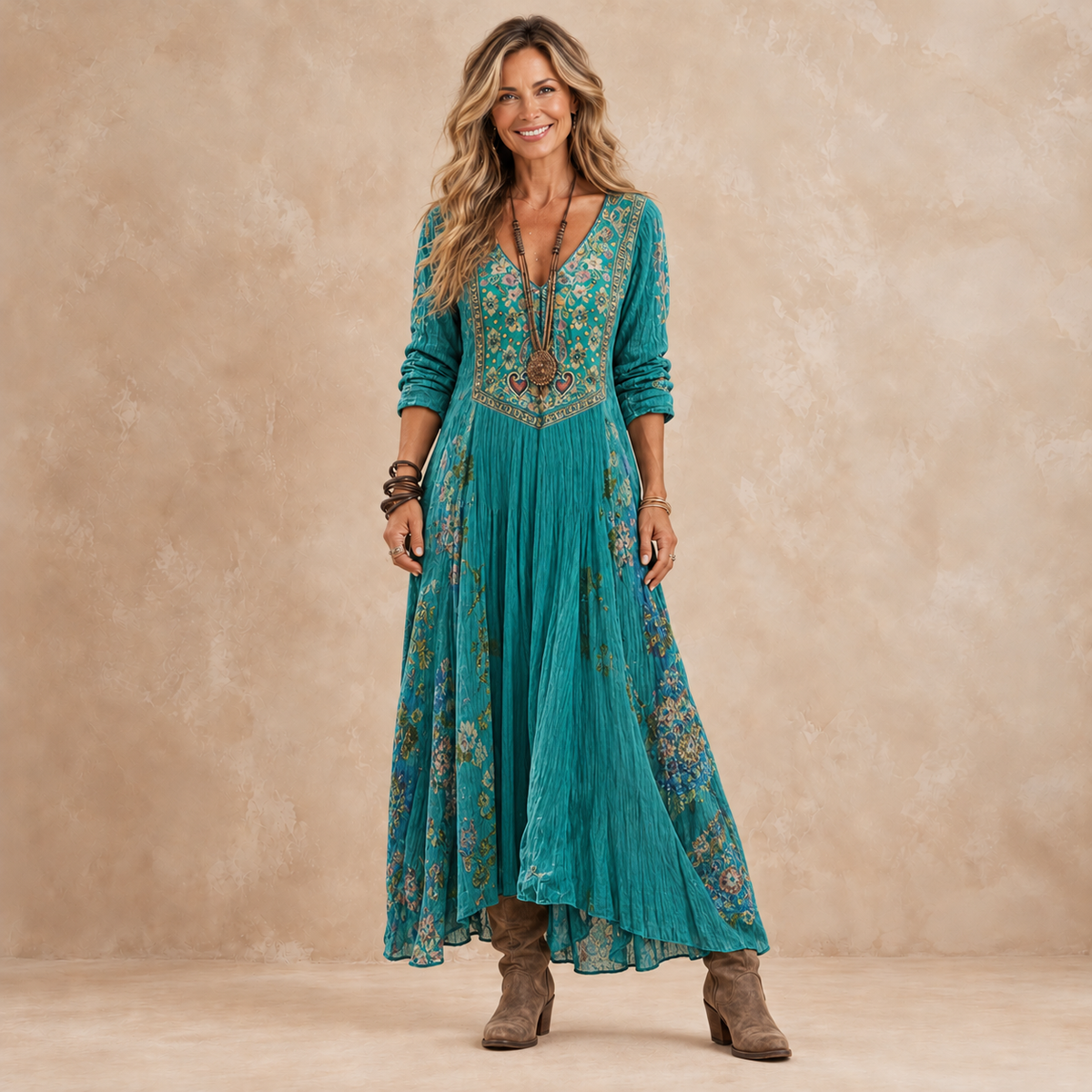 Clover maxi dress in turquoise, front view