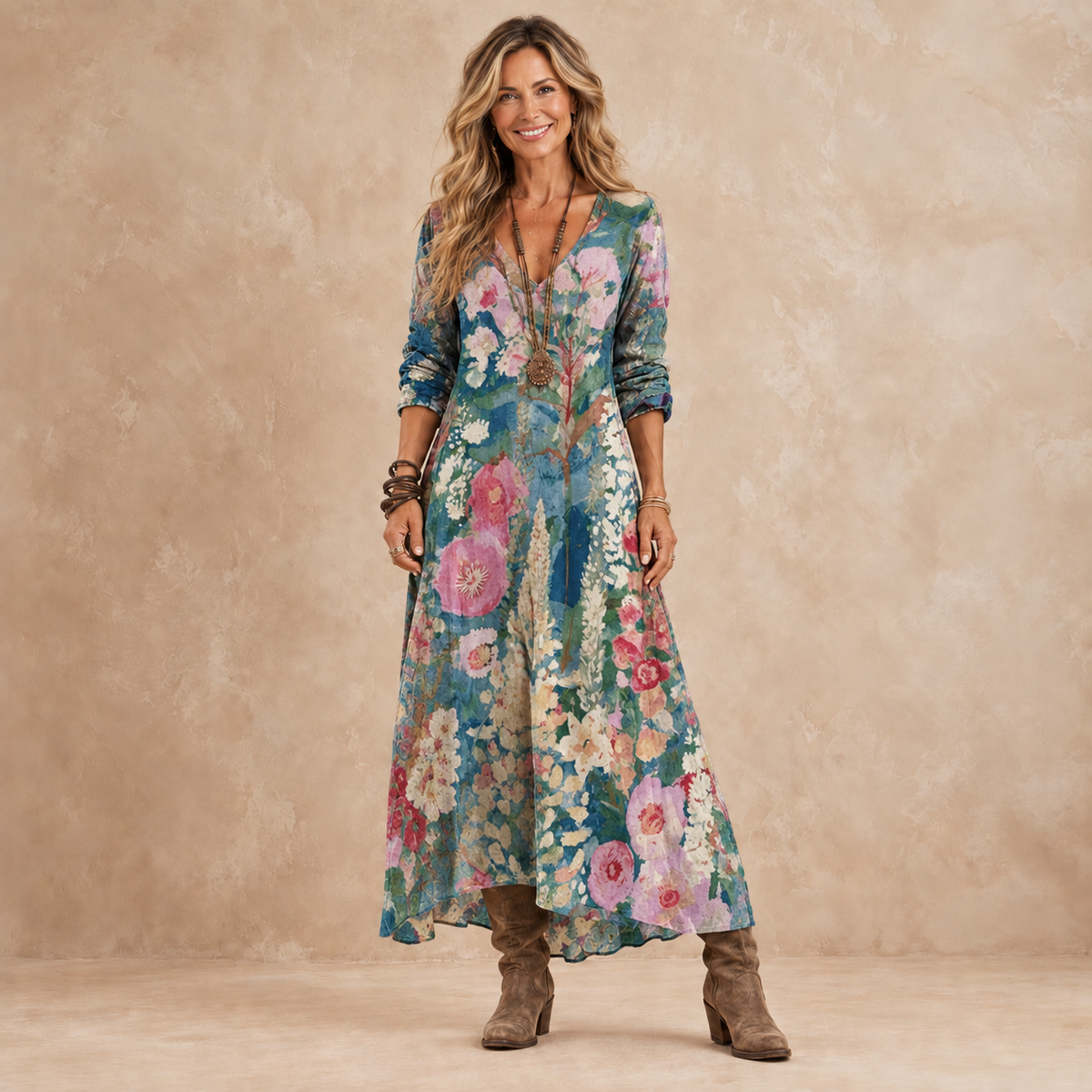 Jessamine floral maxi dress in teal with pink flowers, front view