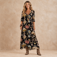 NERINE | BLACK FLORAL PRINT V-NECK MAXI DRESS