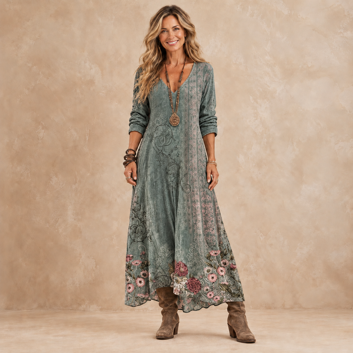 Lorella vintage rose maxi dress in sage green, front view
