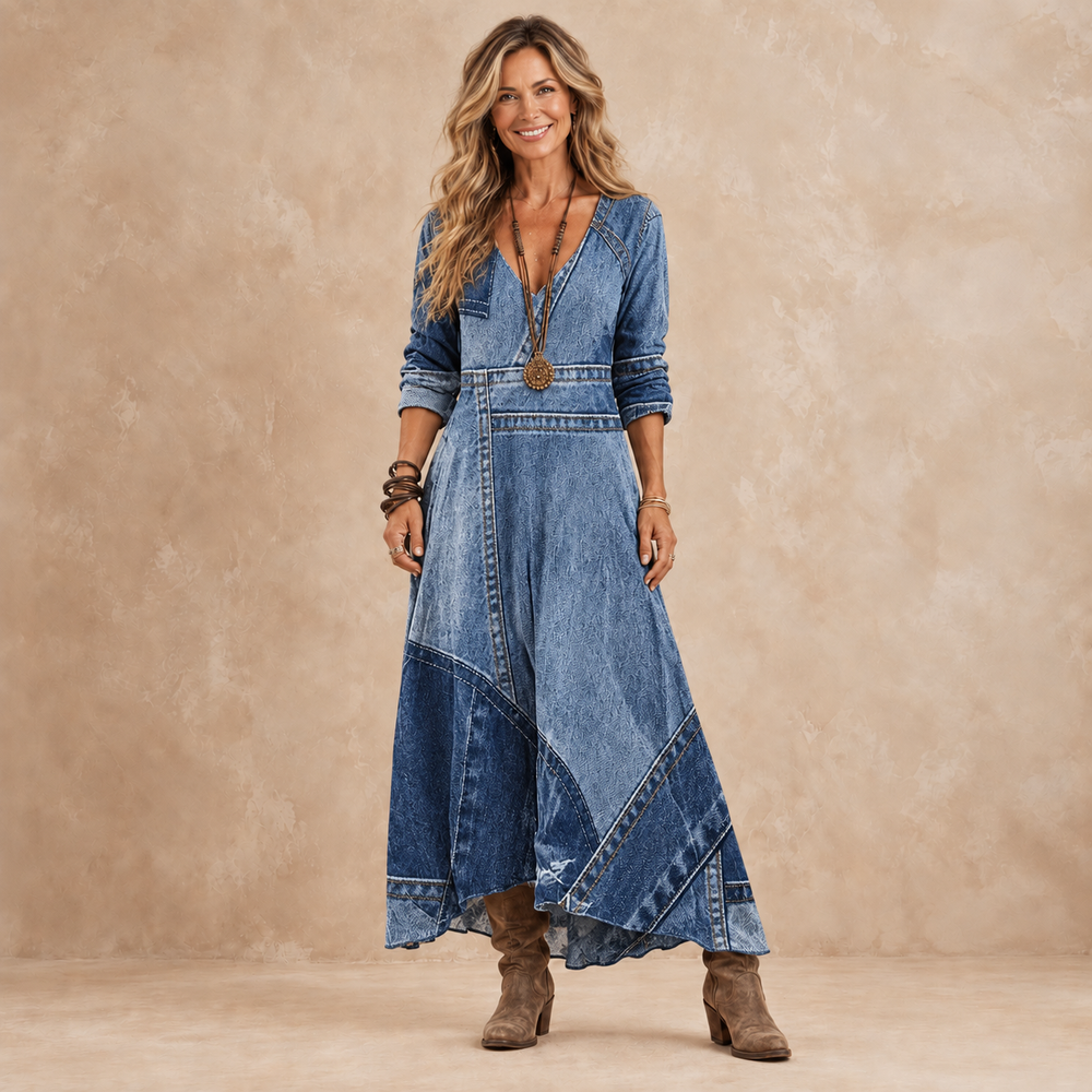 Wisteria denim-look maxi dress in blue, front view