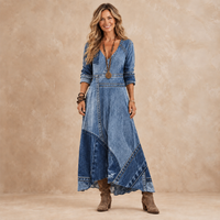 WISTERIA | DENIM-LOOK PATCHWORK MAXI DRESS