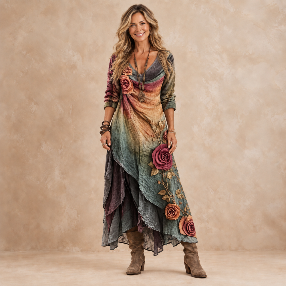 Heatherly layered rose maxi dress in plum and sage, front view