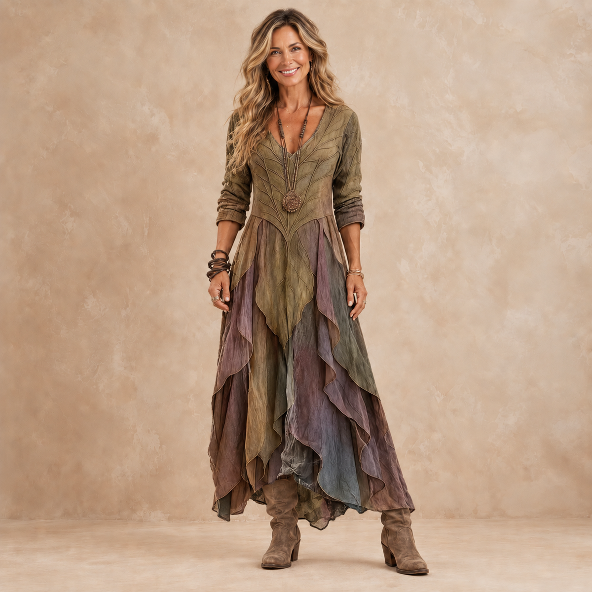 Elsabet layered maxi dress in olive, plum and dusty blue, front view