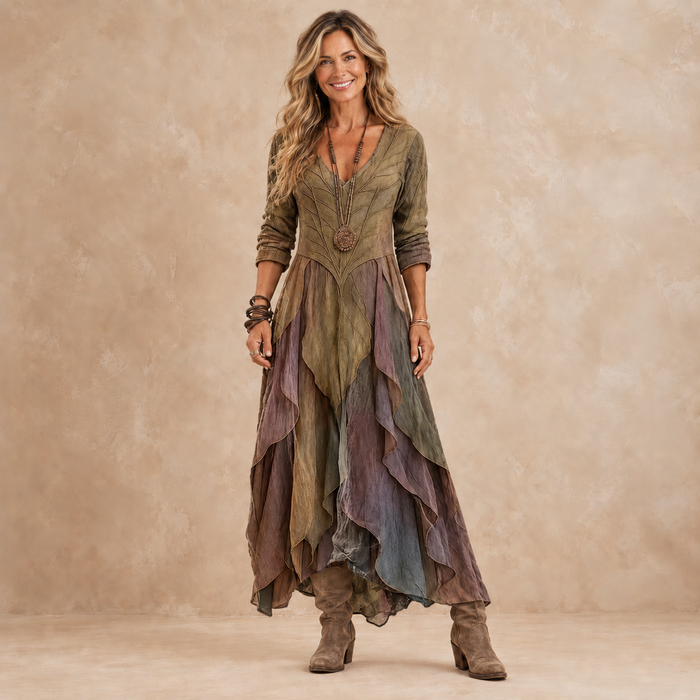 Elsabet layered maxi dress in olive, plum and dusty blue, front view