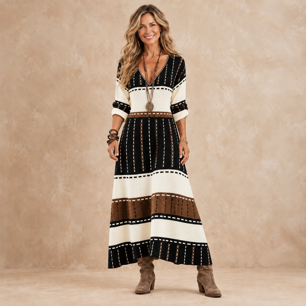 Iona striped maxi dress in black, cream and brown, front view