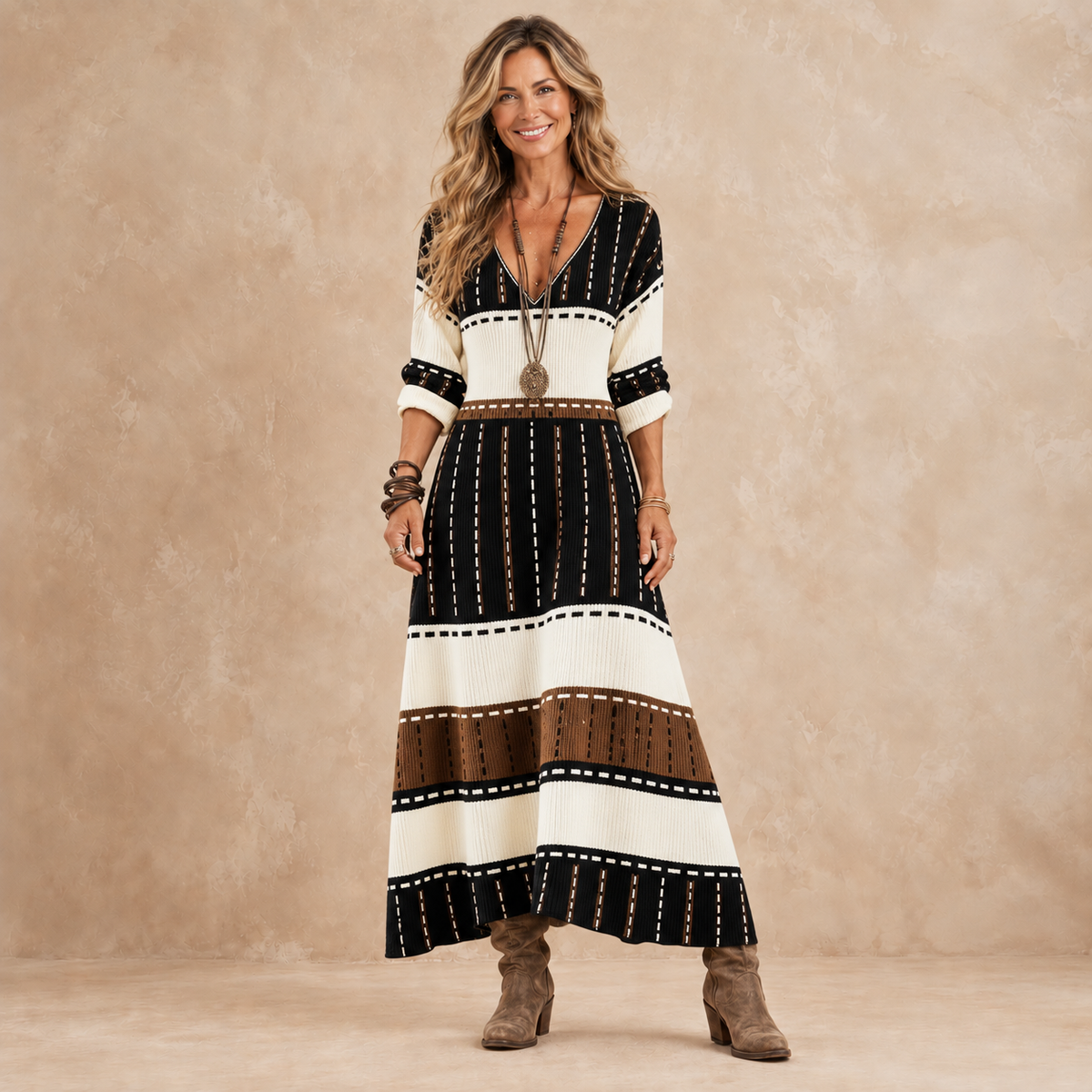 Iona striped maxi dress in black, cream and brown, front view