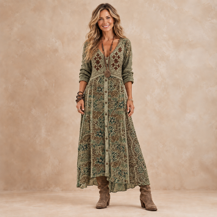 Linnet botanical print button-front maxi dress in olive green, full-length front view with ankle boots