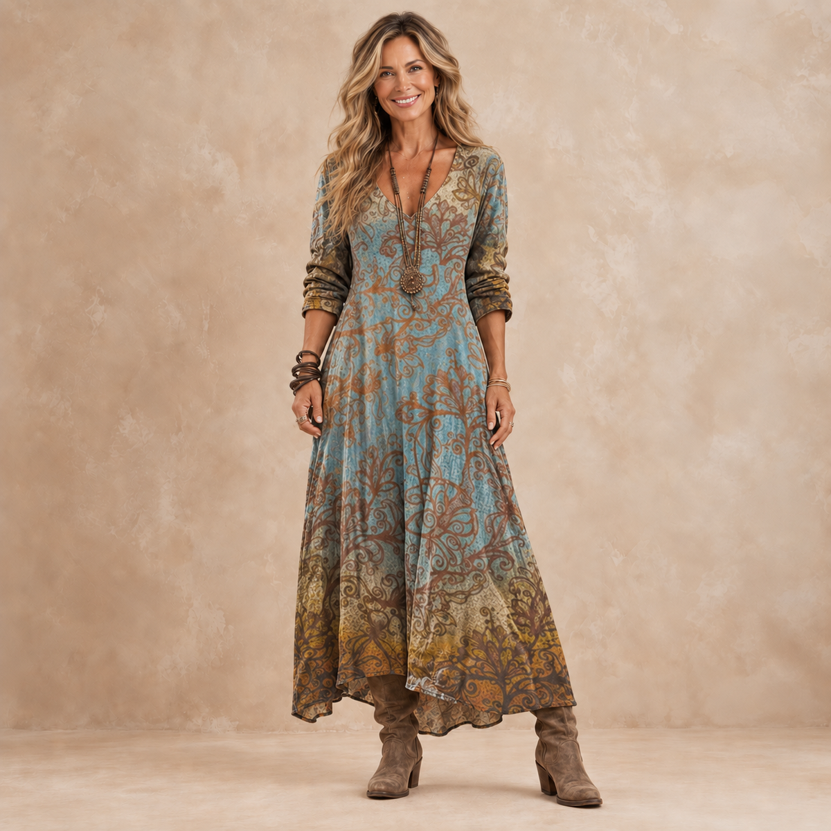 Orlaith paisley maxi dress in blue and brown, front view