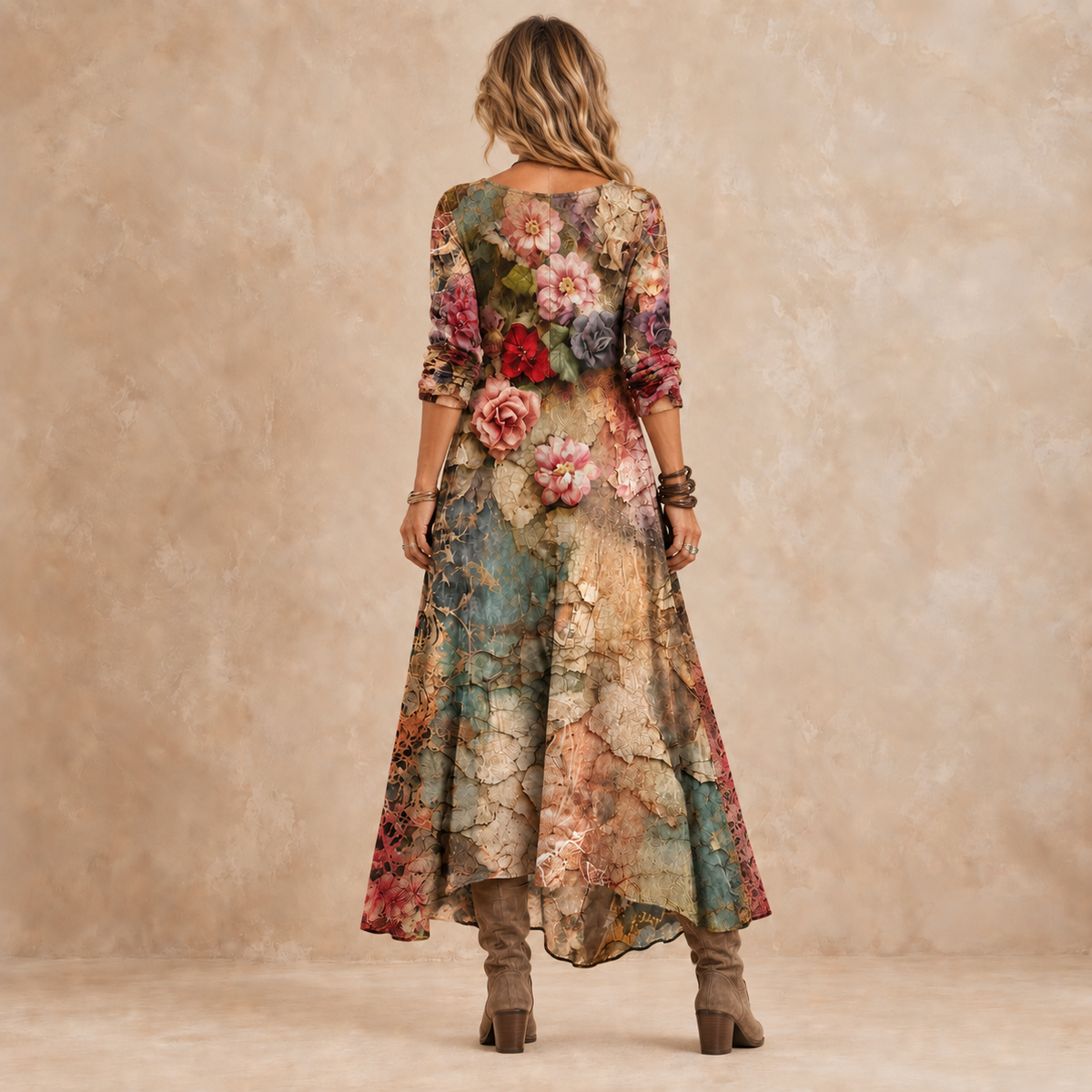 Silvie rose print maxi dress in multicolour, back view
