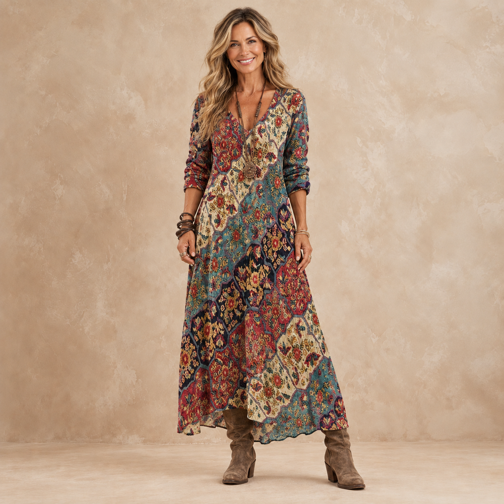 Fenelle patchwork maxi dress in multicolour print, front view