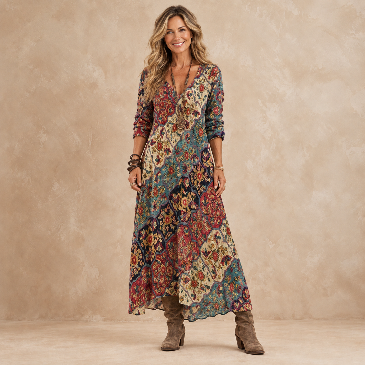 Fenelle patchwork maxi dress in multicolour print, front view