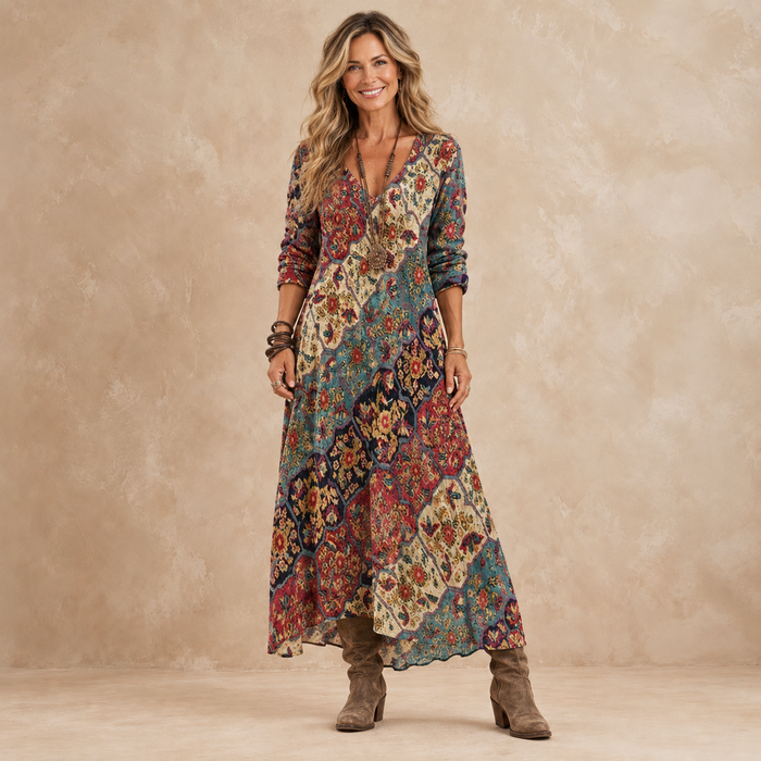 Fenelle patchwork maxi dress in multicolour print, front view