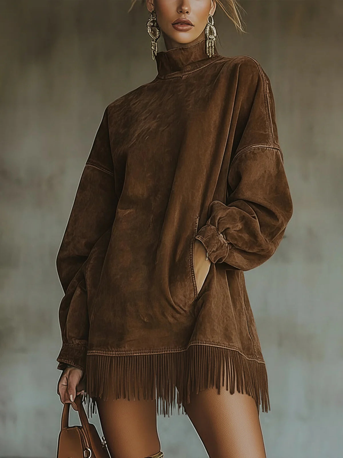 Oonagh suede-look fringed tunic dress in brown, front view