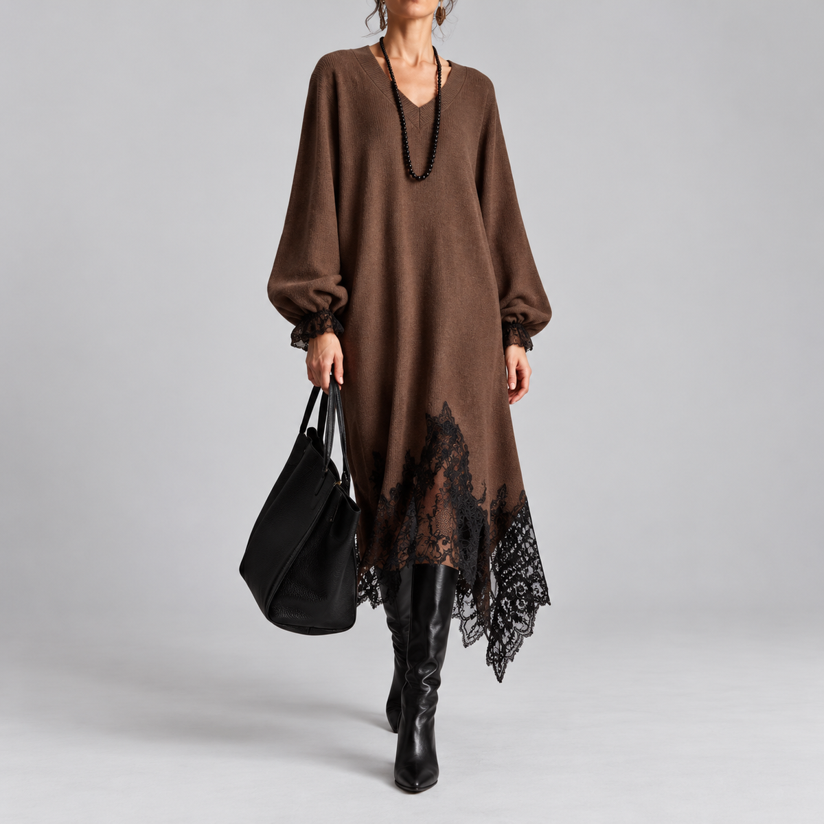 Glynis sparkle knit midi dress in coffee, front view