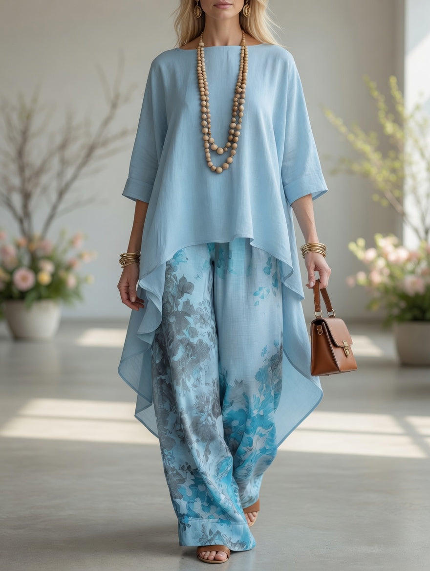 Marjory high-low tunic and printed trouser set in blue, front view