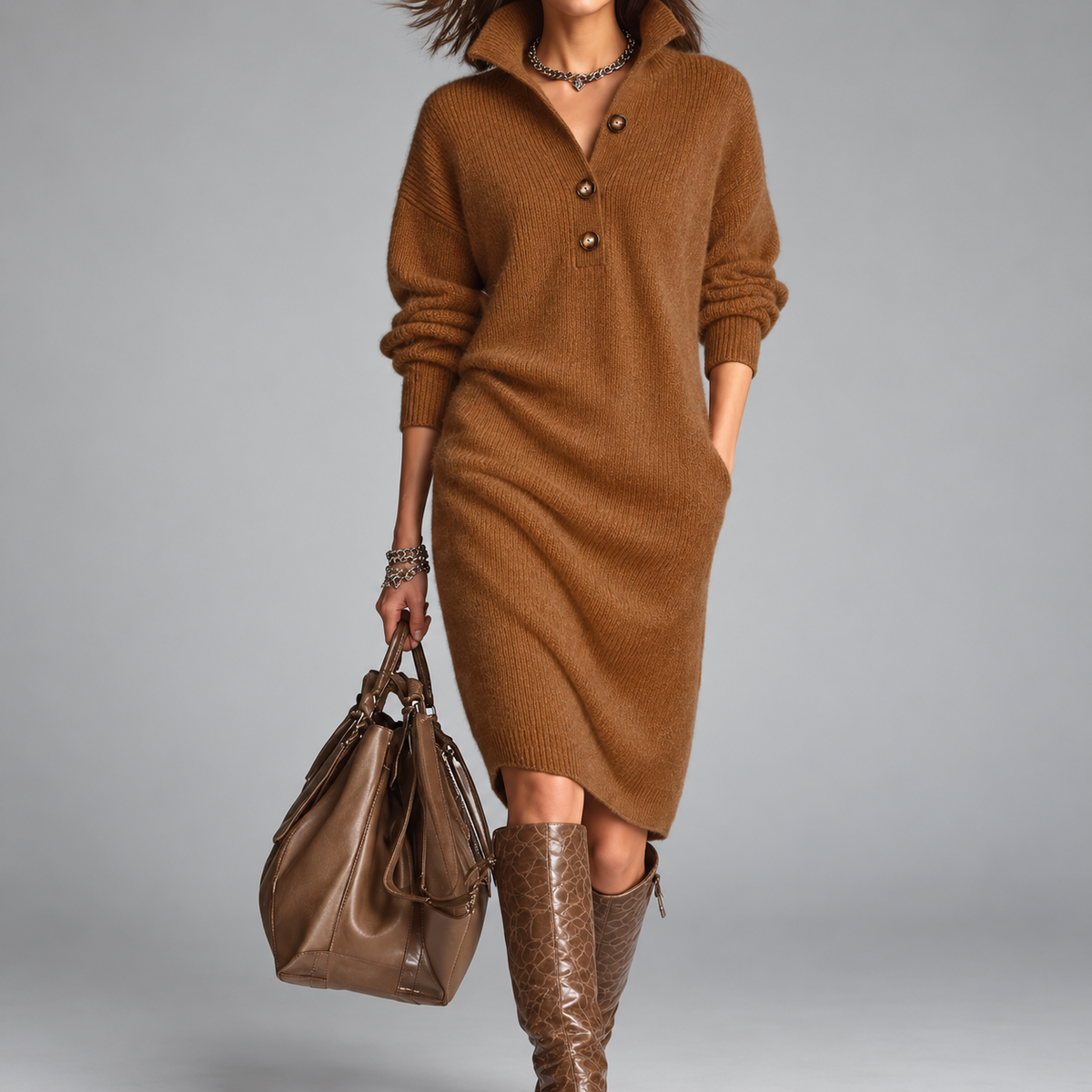 EFFIE | BUTTONED COLLAR KNIT MIDI DRESS