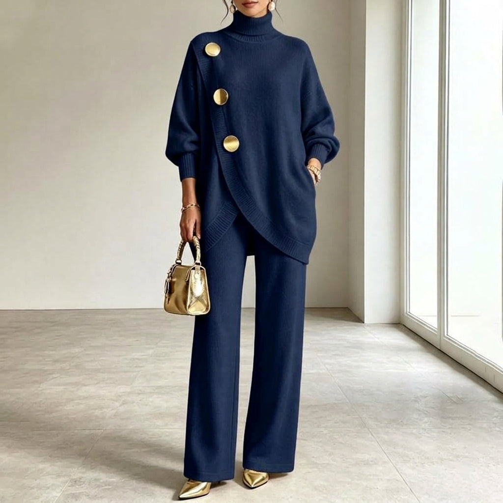 Natalie turtleneck knit set in navy, full-length front view