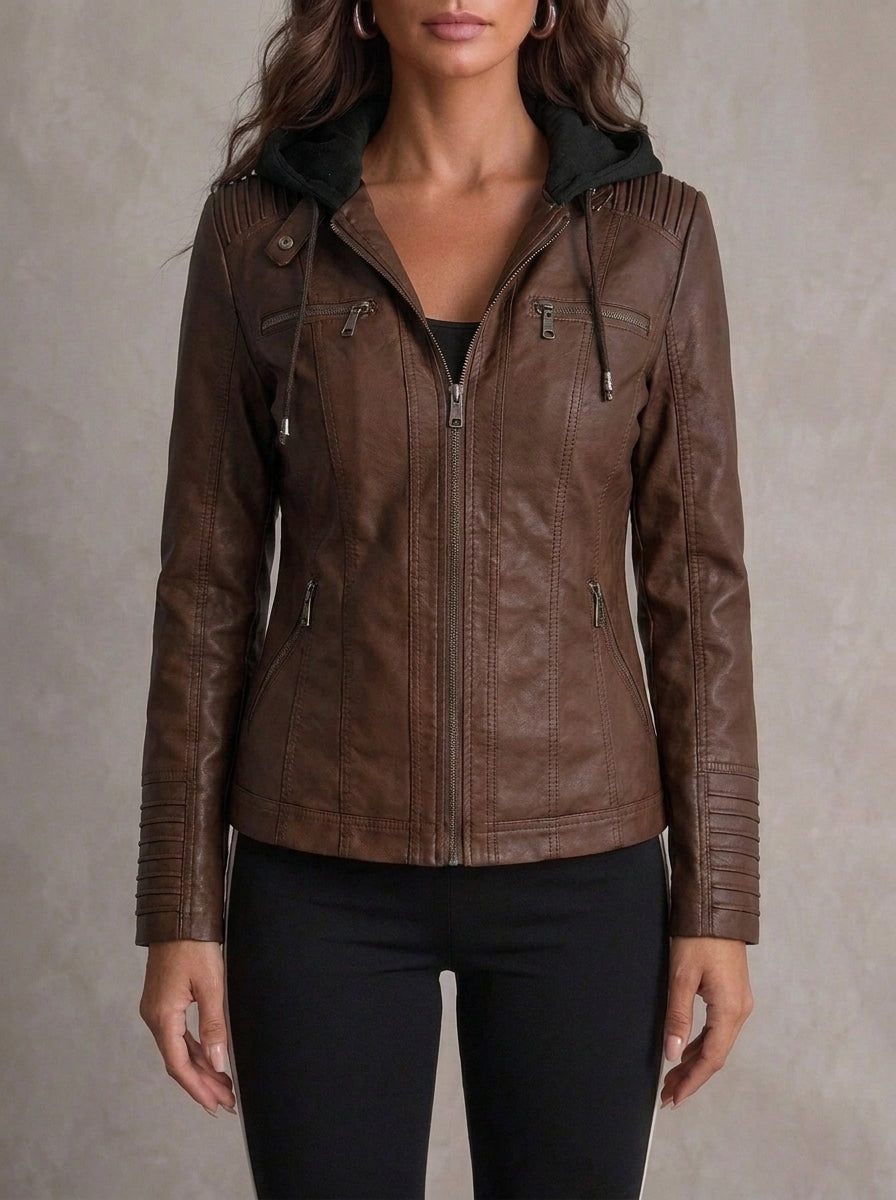 Marsali faux leather hooded biker jacket in dark brown, front view on model