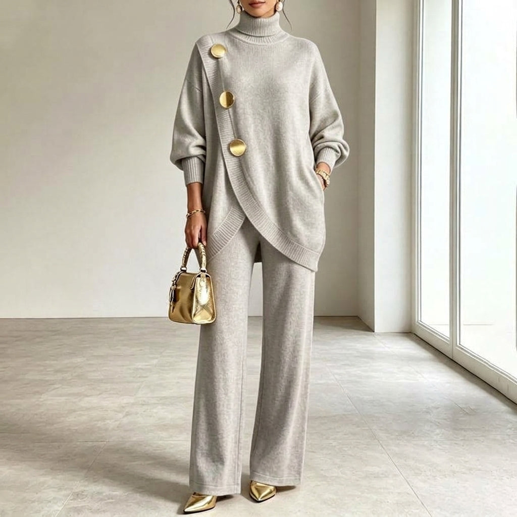 Natalie turtleneck knit set in light grey, full-length front view